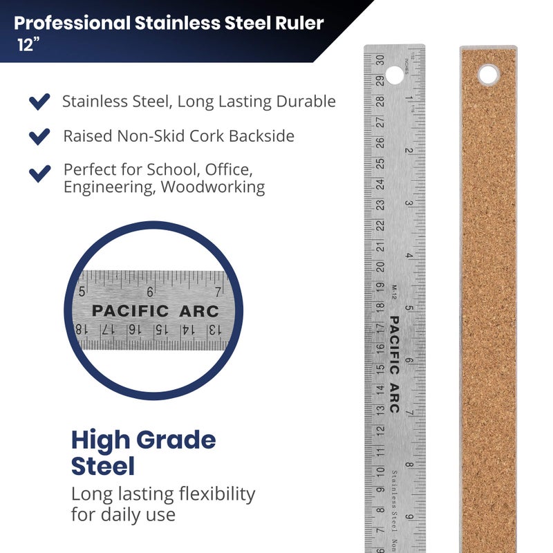 Pacific Arc Stainless Steel 12 Inch Metal Ruler Non-Slip Cork Back, with Inch and Metric Graduations - Image 2